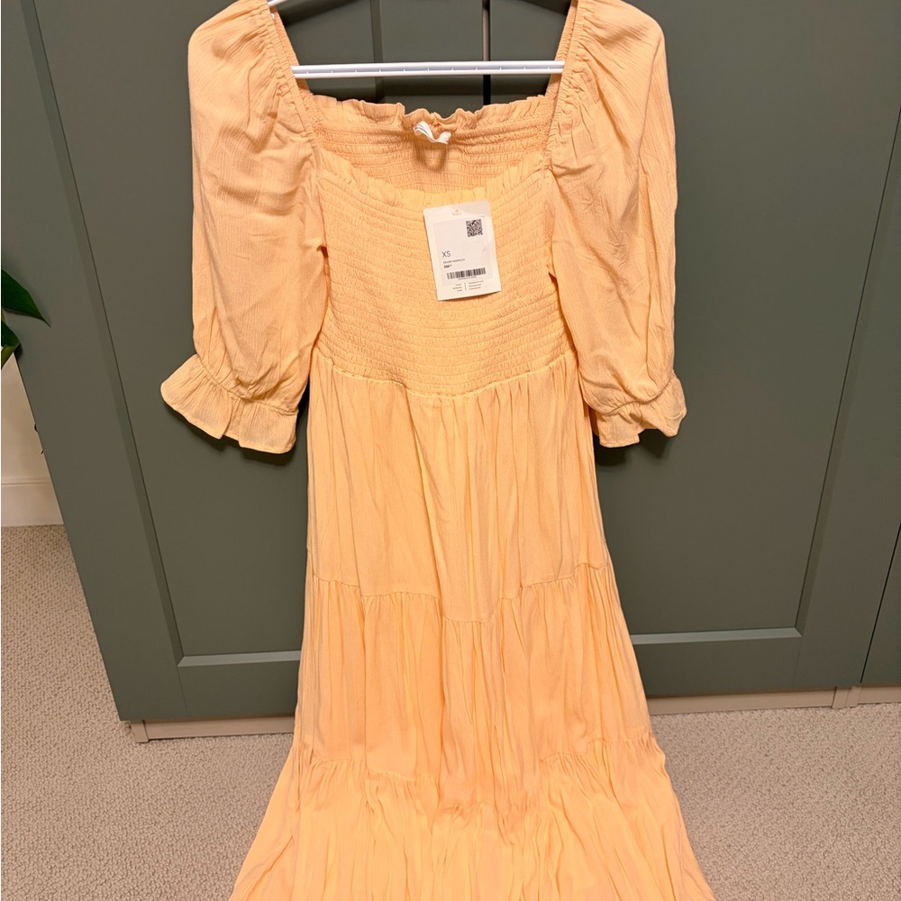 Oak and Fort Apricot Coloured Smocked Square-Neck Midi Dress